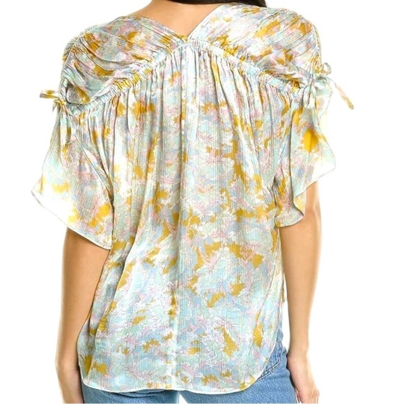 🅽🅴🆆 Vince Lotus Ruched Dolman Sleeve Silk Floral Short-Sleeve Blouse, M - Picture 3 of 17